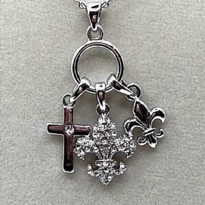 Silver Charm Necklace with Cross and Fleur-de-lis with Rhinestones Necklace